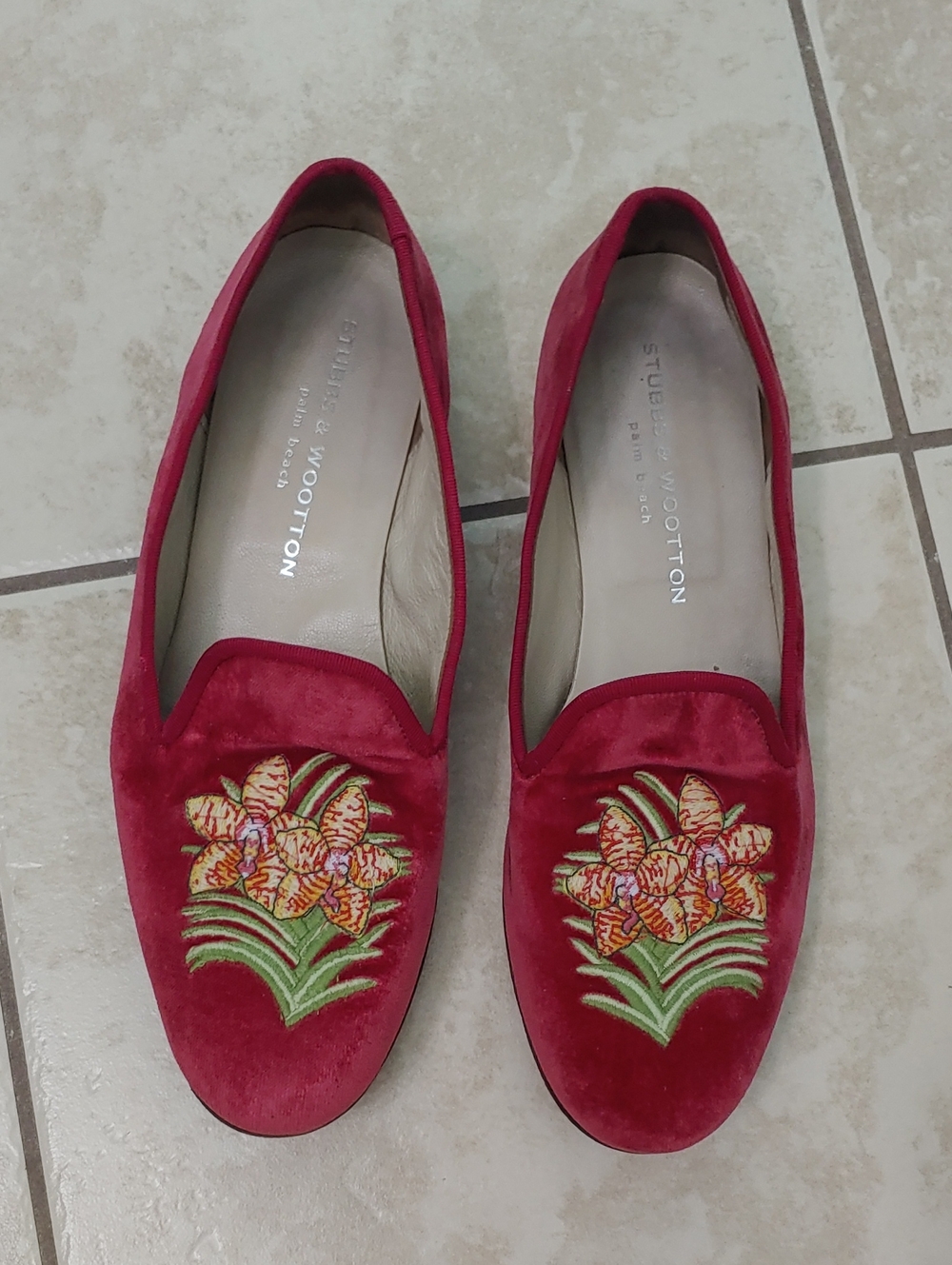 Stubbs And Wootton Embroidered Loafers Womens Red Velvet Tropical Floral Size 10